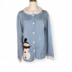 Blue and White Faux Fur Cozy Snowman Holiday Festive Cardigan Size Large